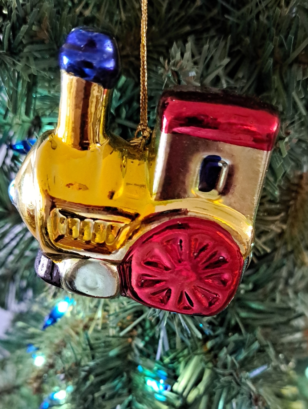 Hand-Painted Glass Train Ornament in Red, Gold, Blue 2-1/2"x1-1/4"x2-1/2"